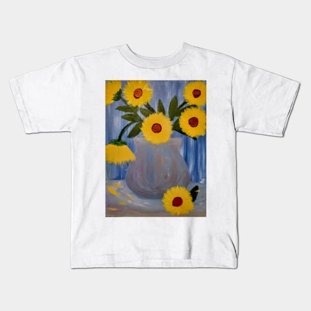 sunflowers in a silver metallic vase Kids T-Shirt by kkartwork